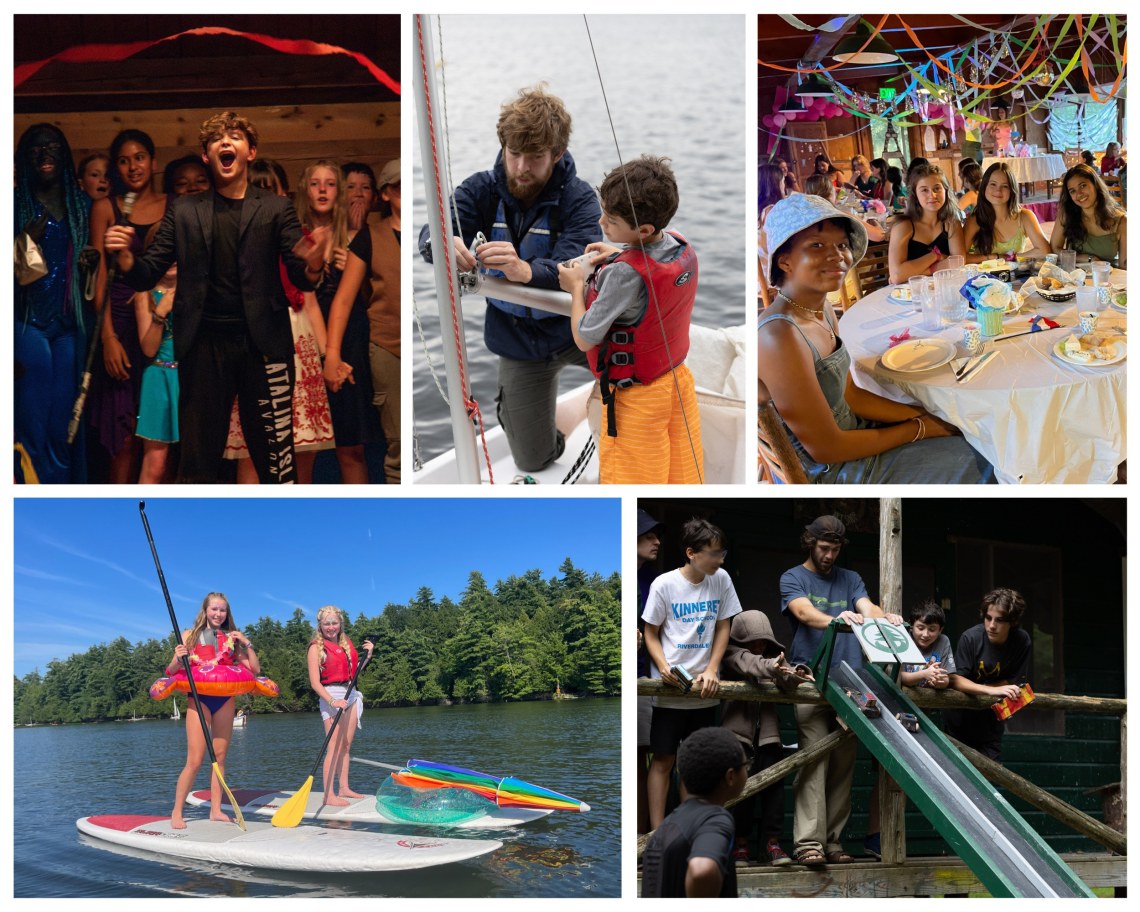 Collage of campers doing various activities and smiling