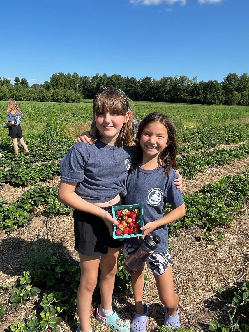 two campers strawberry picking