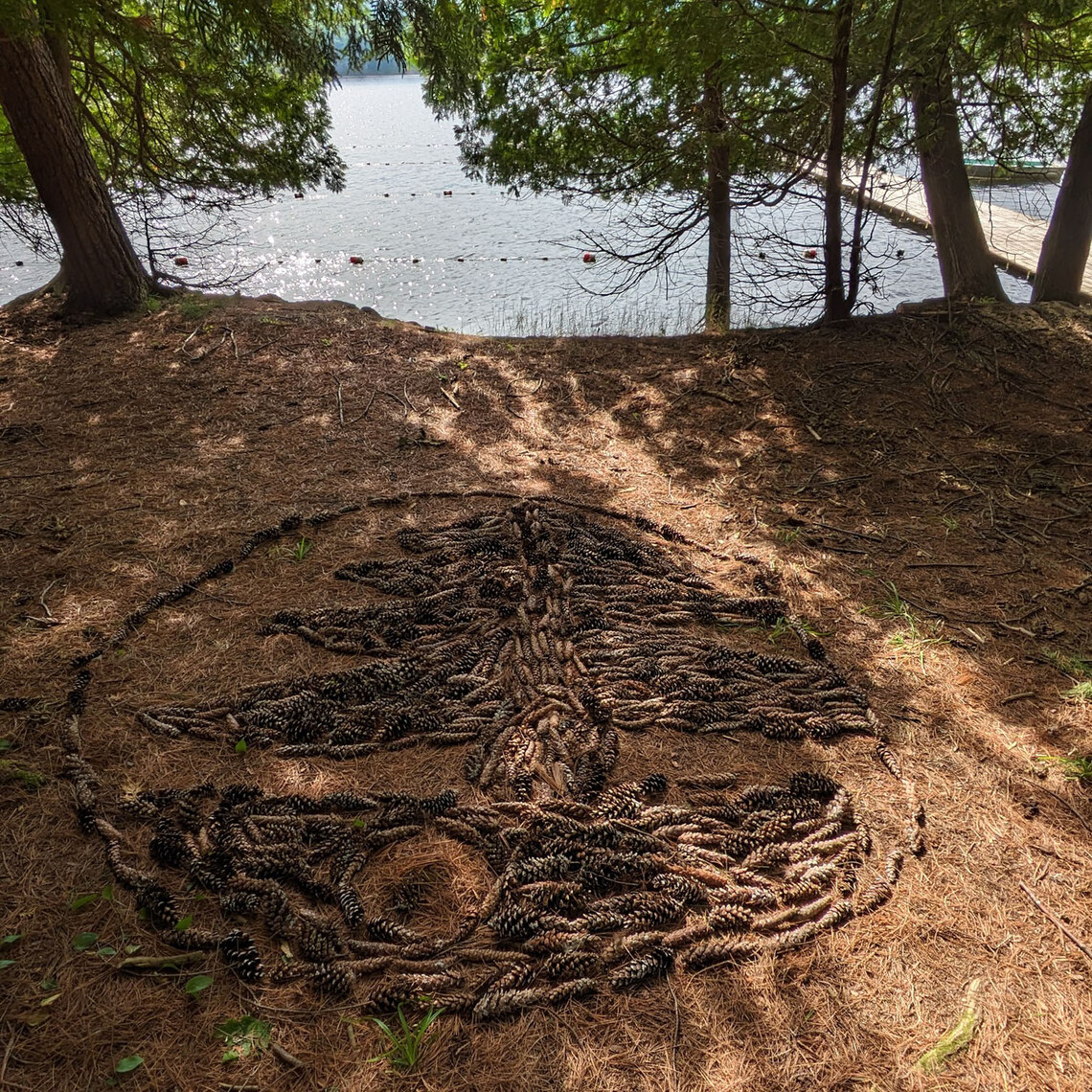 The camp symbol made out of pinecones and sticks