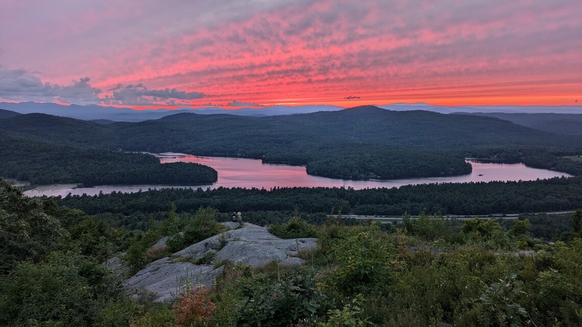 Sunset over augur lake from the top of pinnacle mountain